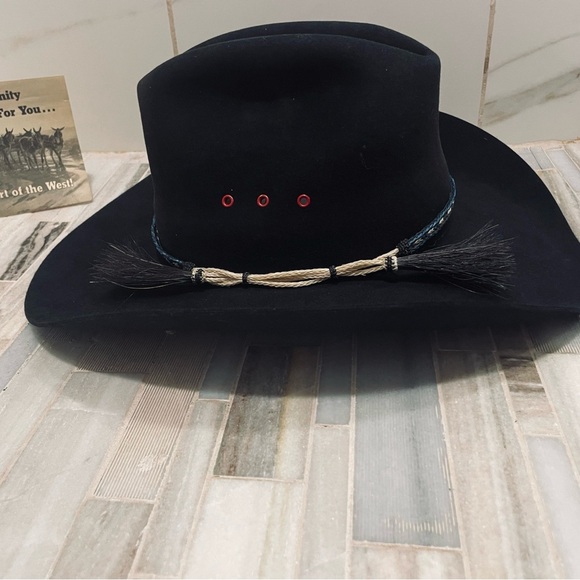 Vintage cowboy hat Mustang By Bailey 4X  Beaver Size 7 1/4 Black R 4" Brim - Picture 10 of 15